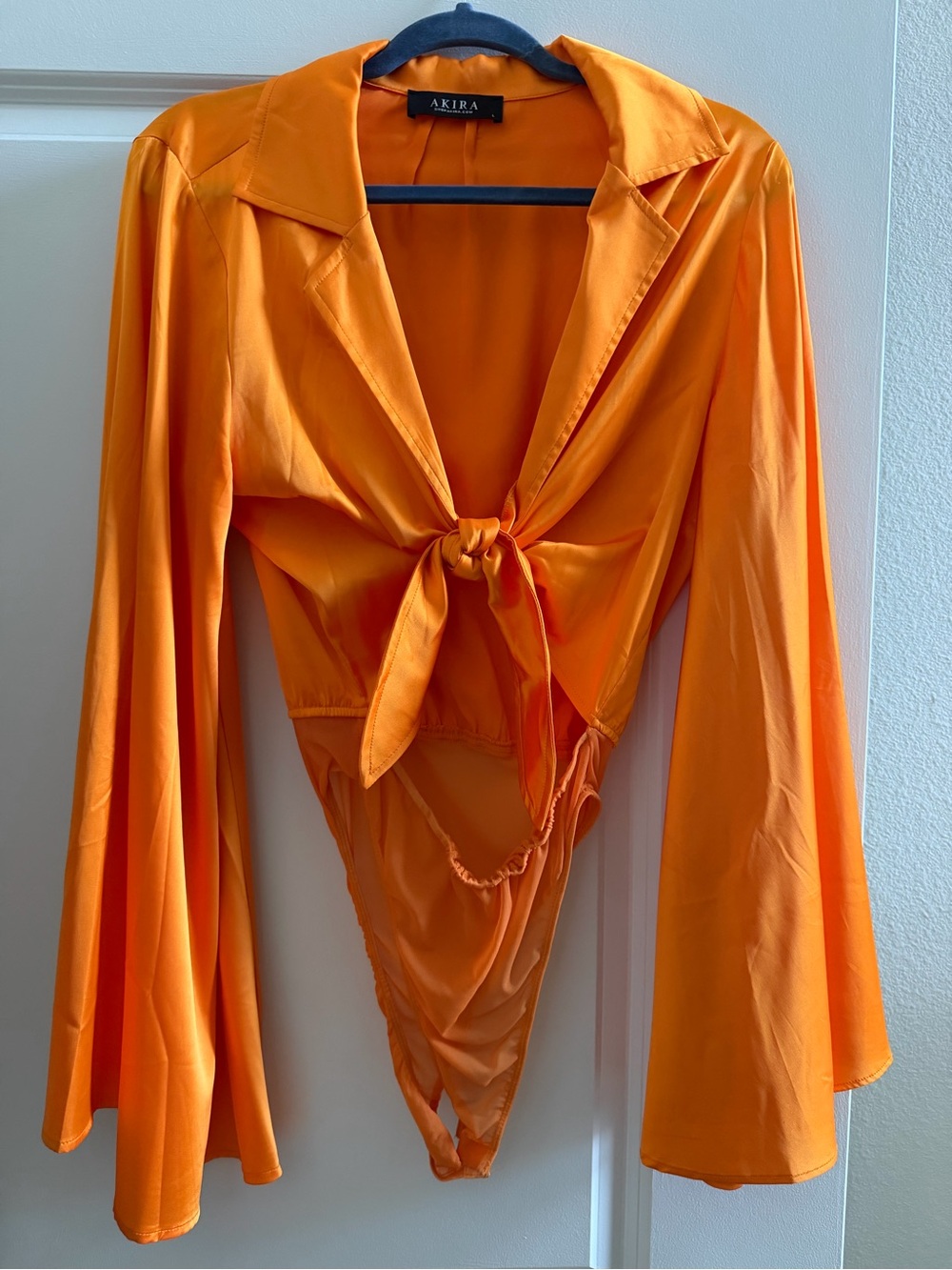 AKIRA Bright Orange Tie-Front Long Sleeve Bodysuit
